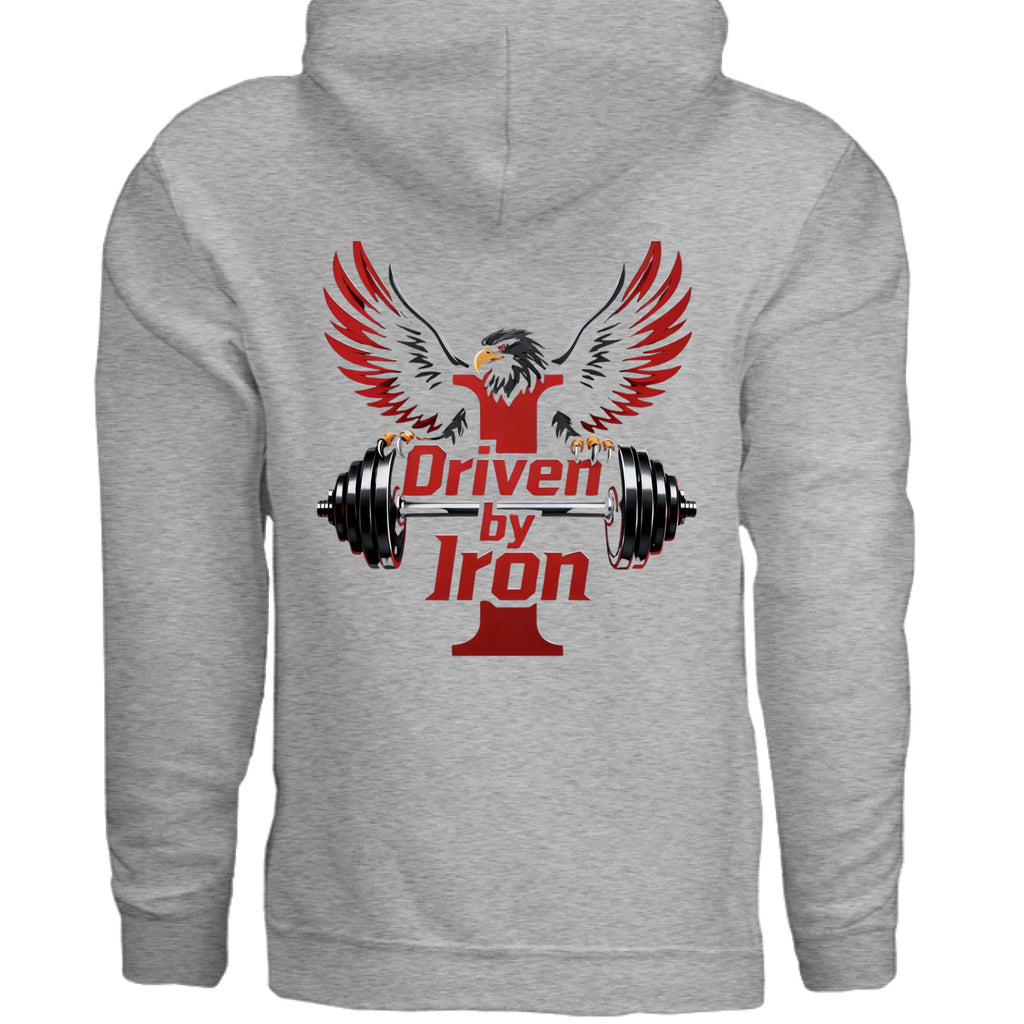 Driven By Iron disciplined gym hoodie back strength graphic