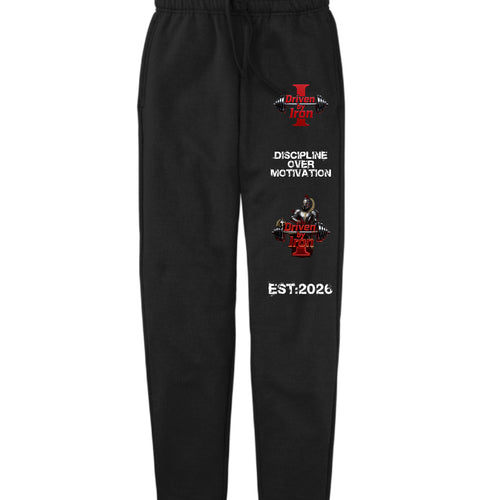 Disciplined Sweats front view by Driven By Iron premium gym sweatpants designed for comfort, training, and disciplined athletes.